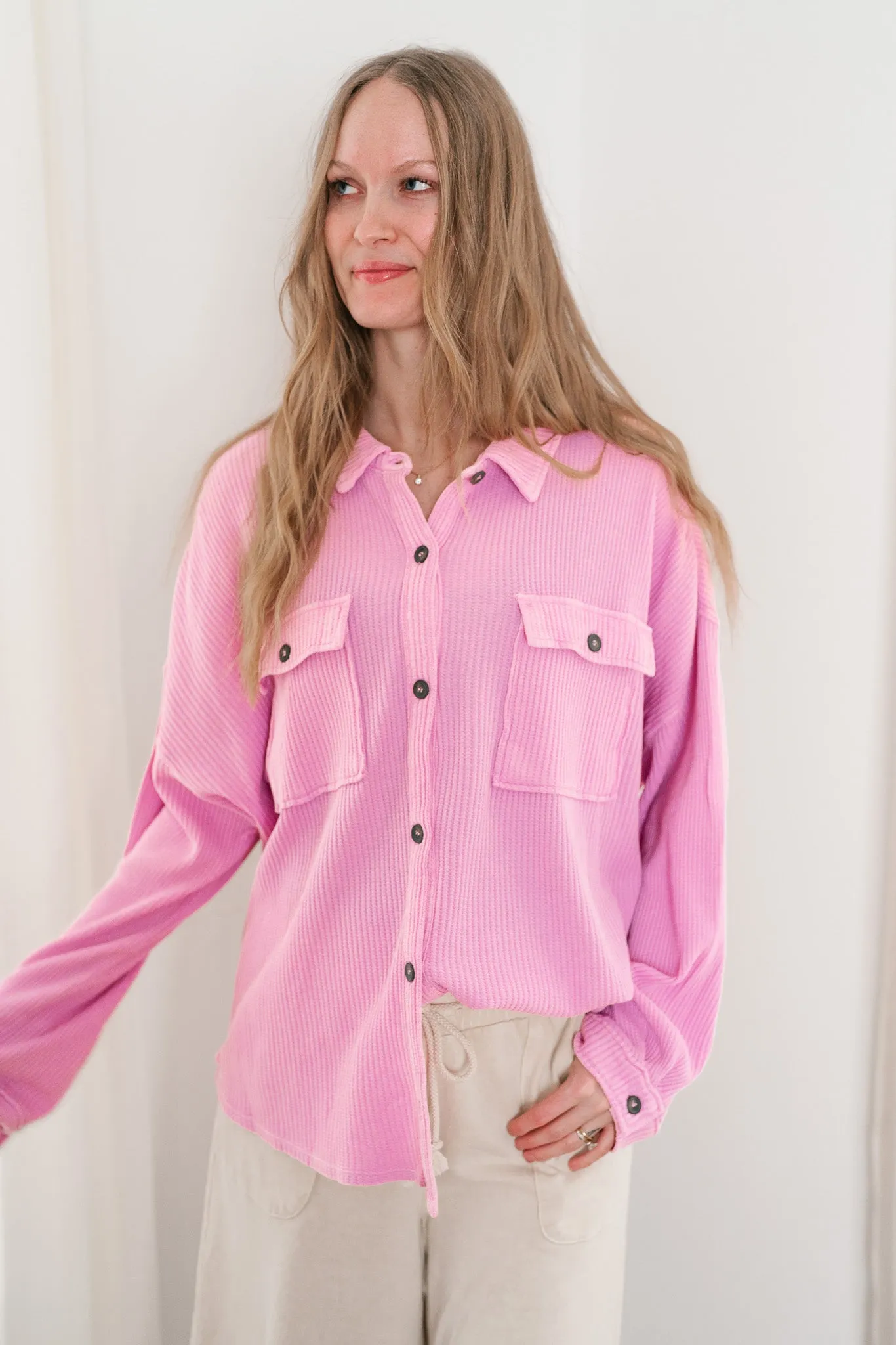 With Love Waffle Knit Button Up - Rose Pink