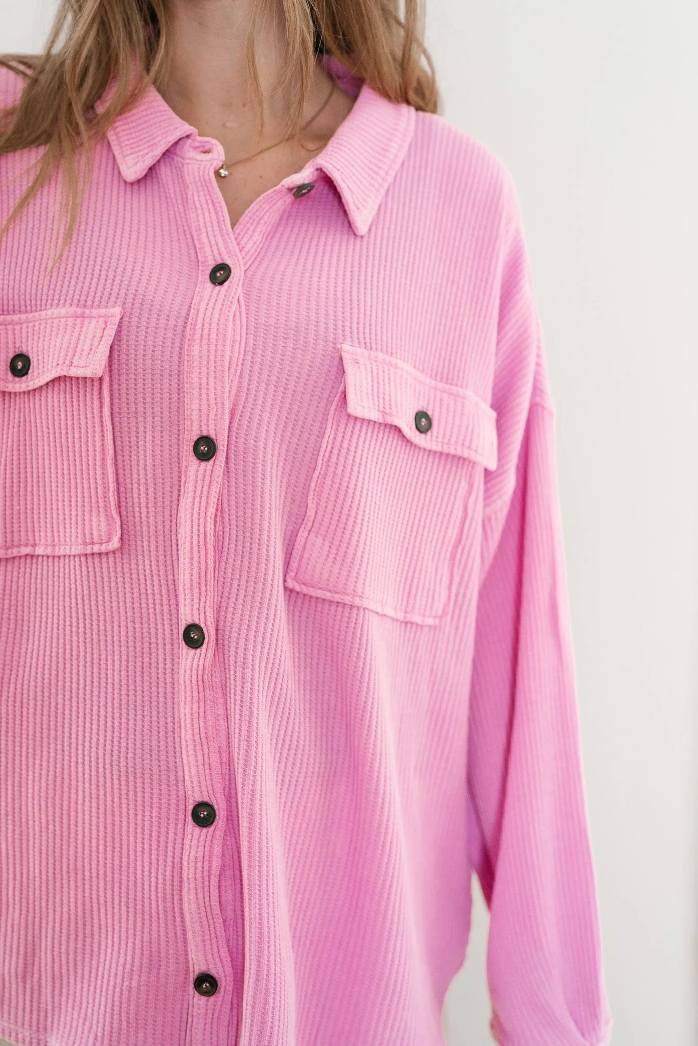 With Love Waffle Knit Button Up - Rose Pink