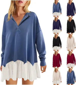 Women Oversized Sweatshirt Dress Collared Pleated Sweatshirt Dresses Casual Flowy Long Sleeve Swing Mini Dresses