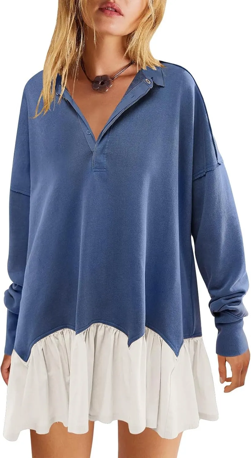 Women Oversized Sweatshirt Dress Collared Pleated Sweatshirt Dresses Casual Flowy Long Sleeve Swing Mini Dresses