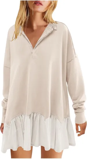 Women Oversized Sweatshirt Dress Collared Pleated Sweatshirt Dresses Casual Flowy Long Sleeve Swing Mini Dresses