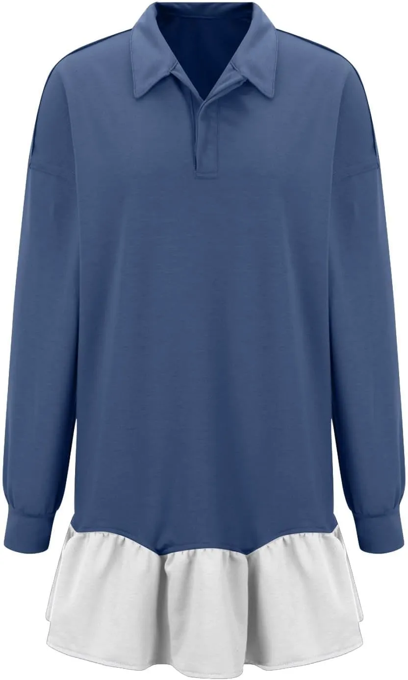 Women Oversized Sweatshirt Dress Collared Pleated Sweatshirt Dresses Casual Flowy Long Sleeve Swing Mini Dresses