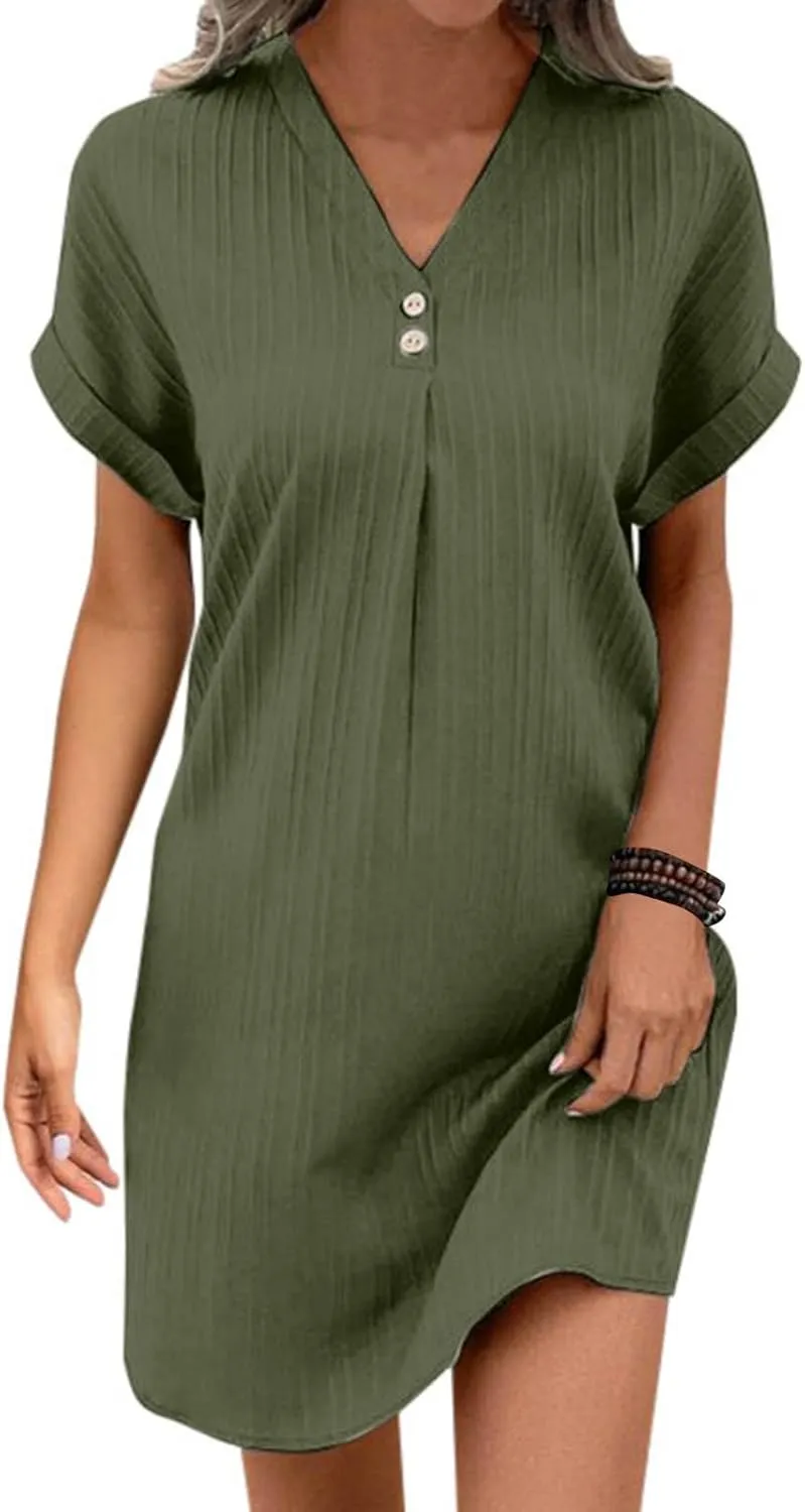 Women's 2025 Summer V Neck Dress Solid Button Down Pullover Short Sleeve Shirts Sundress Beach Travel Vacation Outfits
