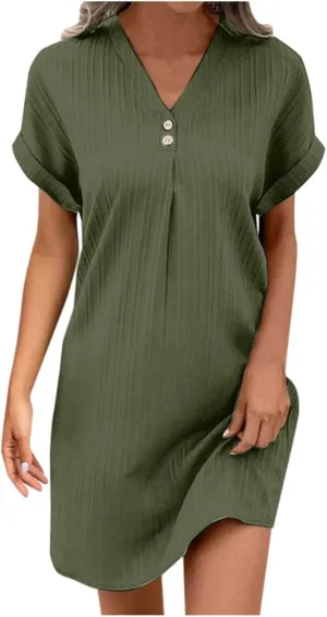 Women's 2025 Summer V Neck Dress Solid Button Down Pullover Short Sleeve Shirts Sundress Beach Travel Vacation Outfits