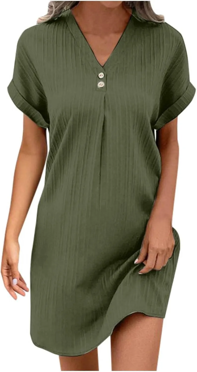Women's 2025 Summer V Neck Dress Solid Button Down Pullover Short Sleeve Shirts Sundress Beach Travel Vacation Outfits