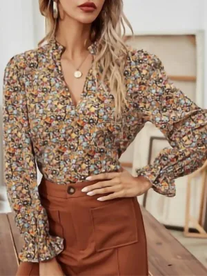 Women's Blouses V-Neck Floral Long Sleeves Blouse
