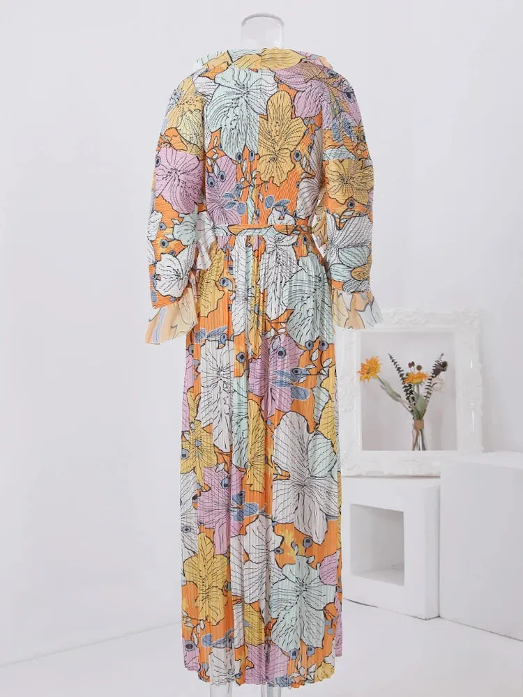 Women's Elegant Floral Ruffle Pleated Midi Dress