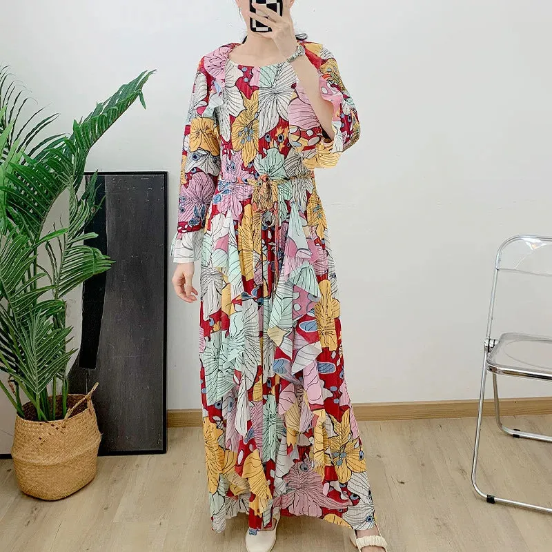 Women's Elegant Floral Ruffle Pleated Midi Dress