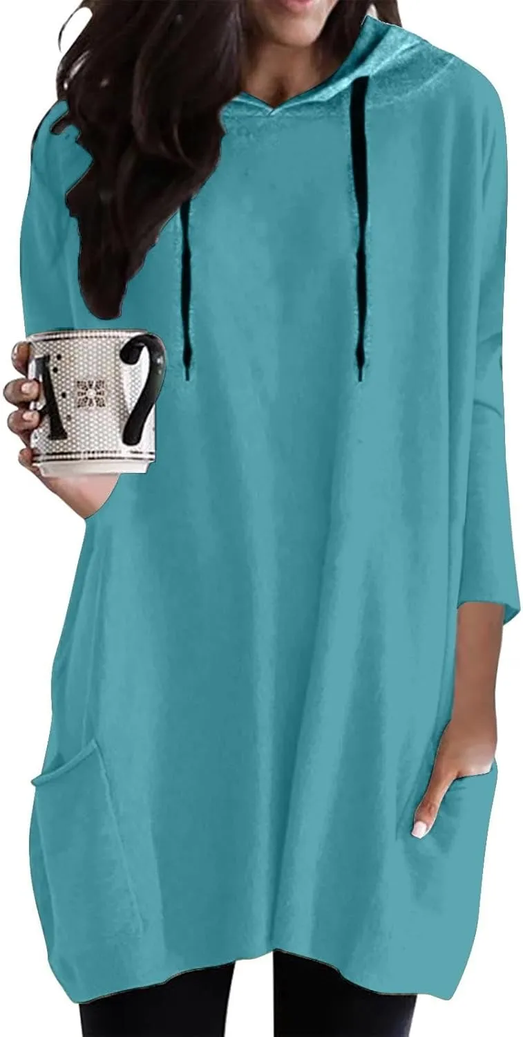 Women's Long Pattern Hooded Sweatshirt Oversized Solid Color Texture Pullover Tops Trendy Lightweight Loose Fit Dress