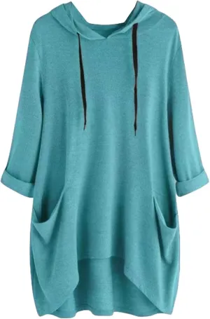 Women's Long Pattern Hooded Sweatshirt Oversized Solid Color Texture Pullover Tops Trendy Lightweight Loose Fit Dress