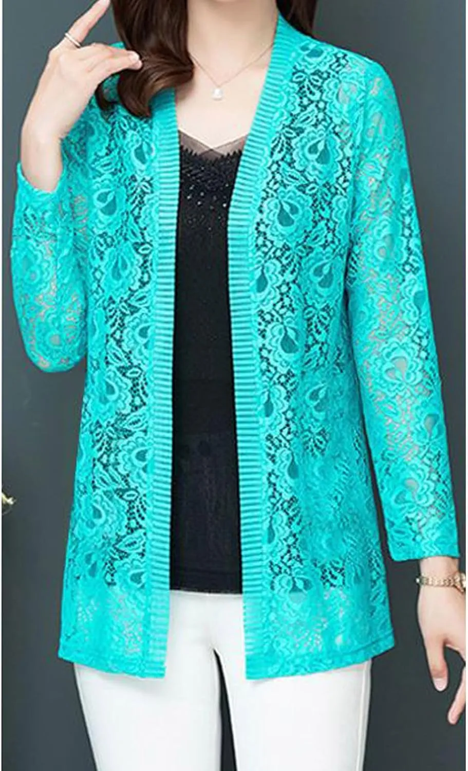 Women's Summer Lightweight Lace Cardigans Open Front 3/4 Sleeve Sheer Crochet Sweaters Cover Up Shrugs Kimono