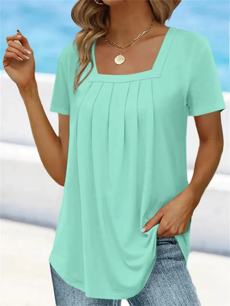 Women's Summer Pleated Square Collar Solid Color Shorts
