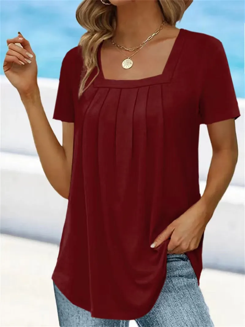 Women's Summer Pleated Square Collar Solid Color Shorts
