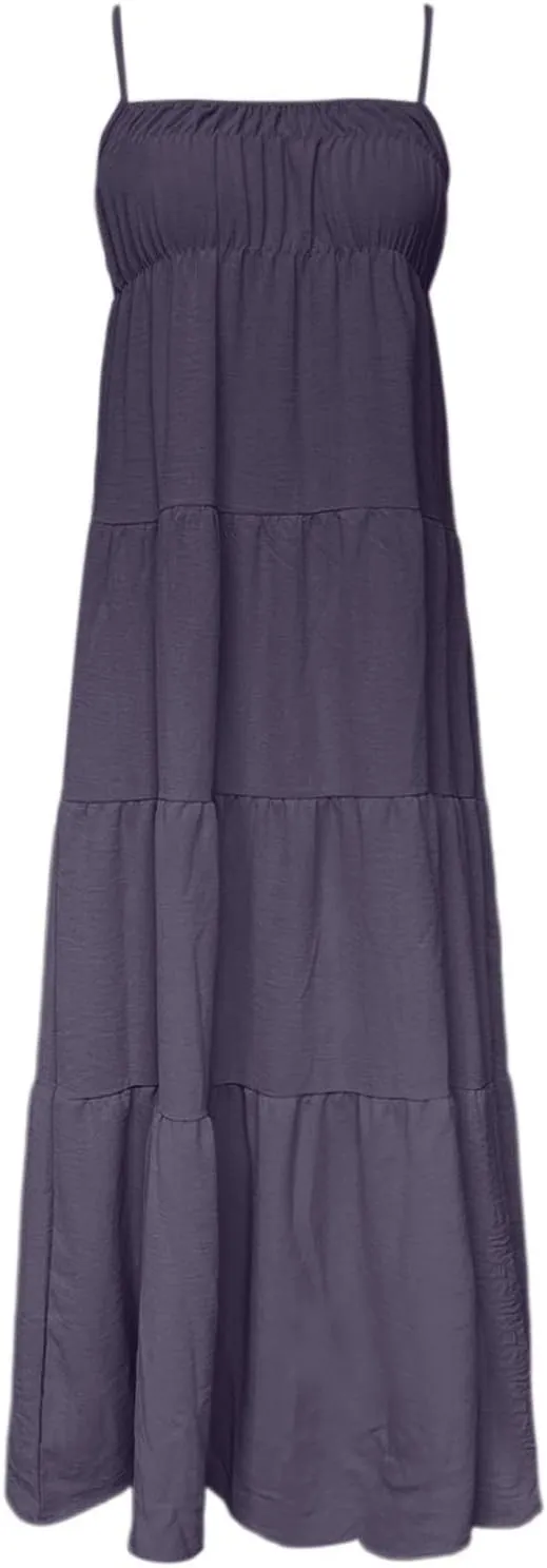 Womens Summer Suspender Dress Boho Sleeveless Pleated Maxi Dress Ruffle Flowy A-Line Elastic Waist Mini Sundress 2025 Trendy