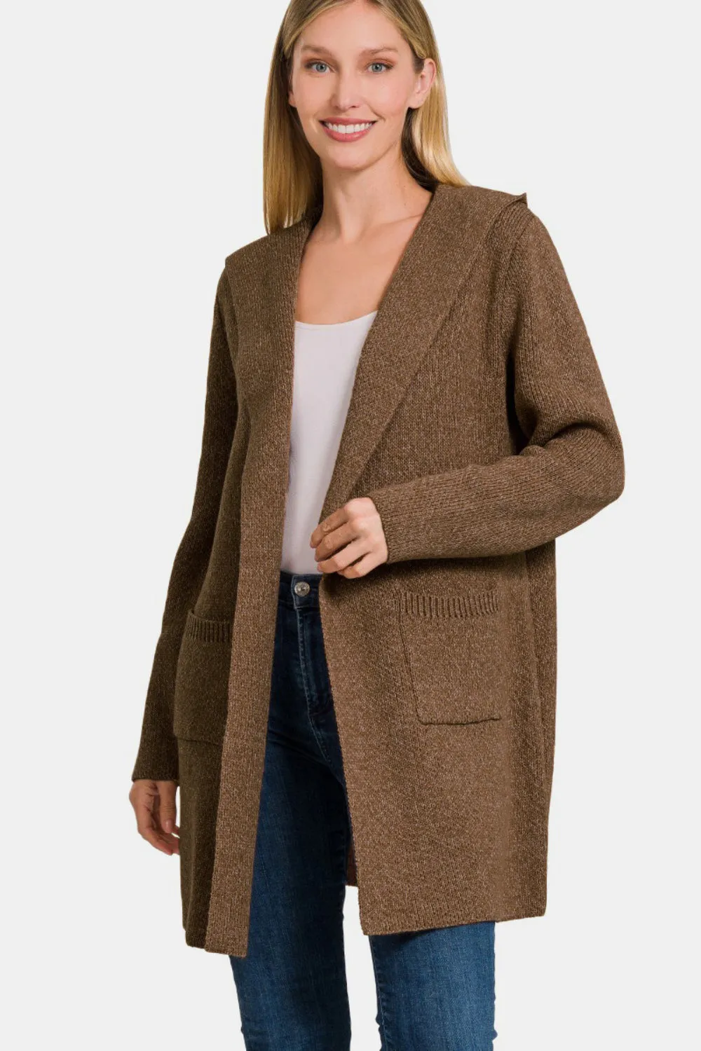 Zenana Brown Hooded Open Front Sweater Cardigan