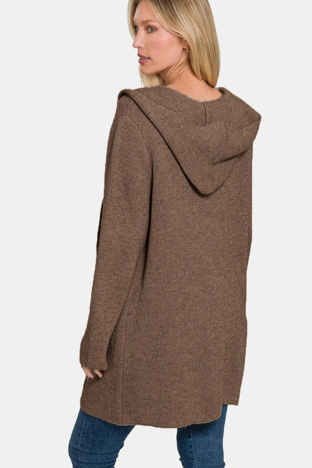 Zenana Brown Hooded Open Front Sweater Cardigan